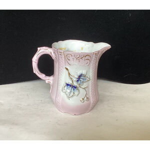 Vintage Creamer Pitcher Pink W/Blue Embossed Flowers & Gold Accents 4.25”